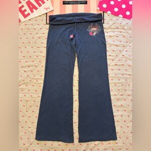 VS PINK VINTAGE Y2K FOLDOVER FLARE SWEATPANTS ROCK N ROLL FOREVER CREST LOGO HTF